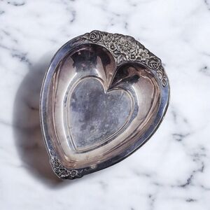 Vintage International Silver Heart Shaped Silverplated Ornate Floral Dish USA
